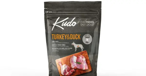 Kudo Junior Mediu-Maxi - Hrana uscata, presata la rece - Curcan si Rata - 3kg Ultima șansă