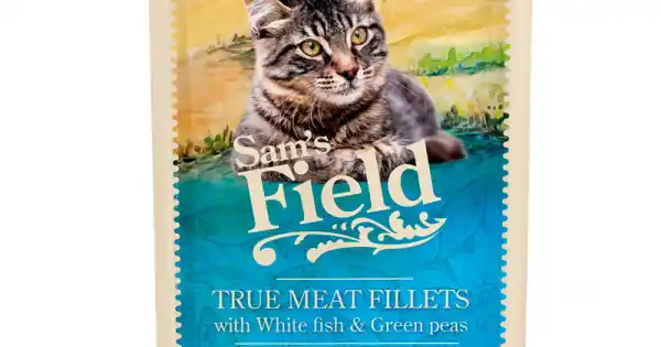 Cel mai bun preț Sam‘s field cat plic with white fish filets / peas 85gr