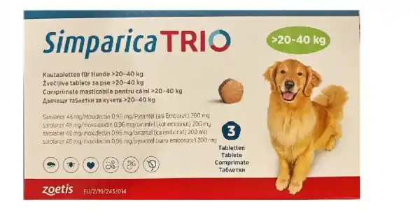 Antiparazitar extern pentru caini intre 20-40 kg Simparica Trio, 1 tableta (48 mg) Retur gratuit