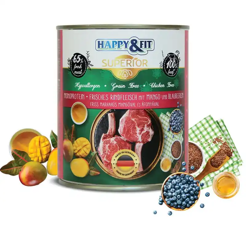 Ieftin Happy&Fit Superior 100% Monoprotein Proaspăt beef with mango și with cranberry 800 g