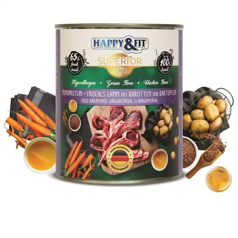 Ofertă exclusivă Happy&Fit Superior 100% Monoprotein– Proaspăt lamb with carrot și with potato 800 g
