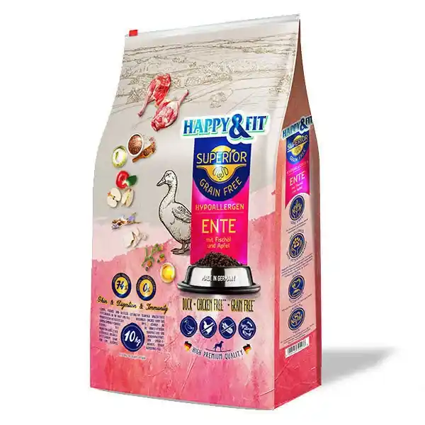 Retur gratuit Happy&Fit Superior Grain Free Hipoalergenic (duck, fish oil, apple) 2x10 kg