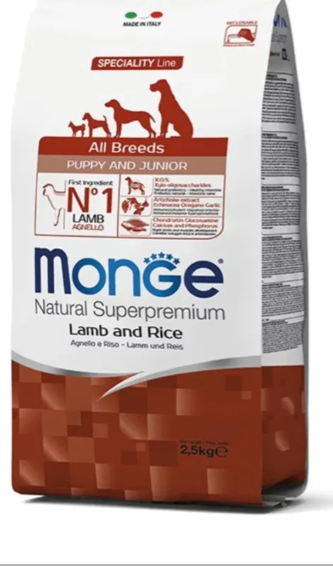 Monge All Breed Puppy and Junior Lamb and Rice 2x12 kg hrană pentru câini Ultima șansă