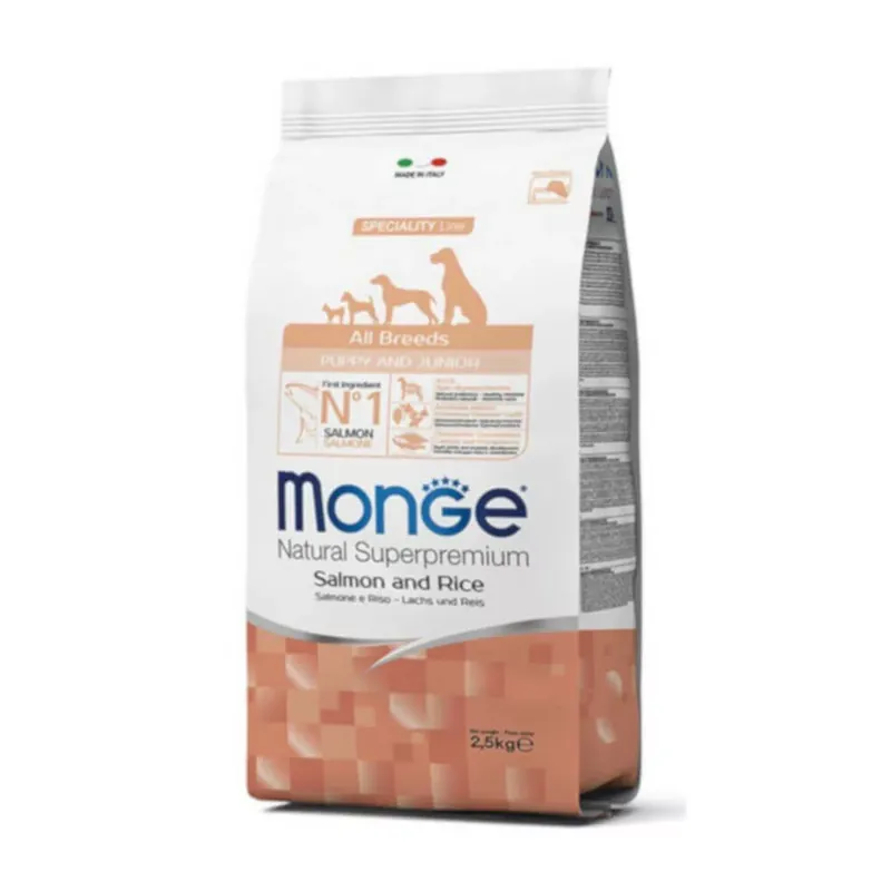 Vezi acum Monge All Breeds Puppy & Junior Salmon and Rice 2,5 kg hrană pentru câini