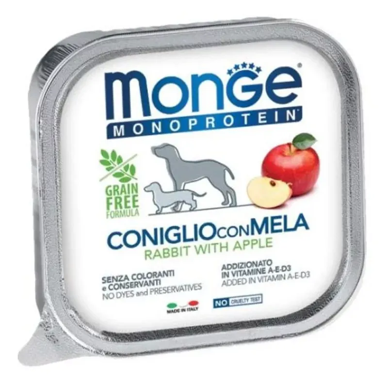 Doar azi Monge Dog Monoprotein Fruits Pateu rabbit-apple 150 g