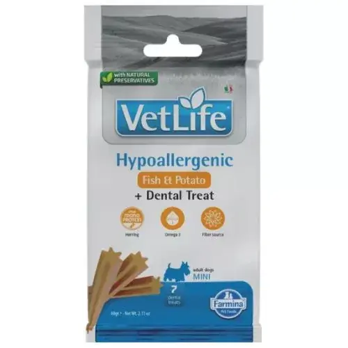 Ofertă exclusivă Vet Life Natural Diet Dog Recompensă Hypo Fish&potato Adult Mini 60 g