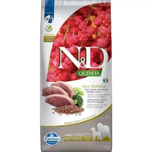 N&D Quinoa Dog duck, broccoli&asparagus adult neutered medium&maxi 12 kg Preferatul clienților