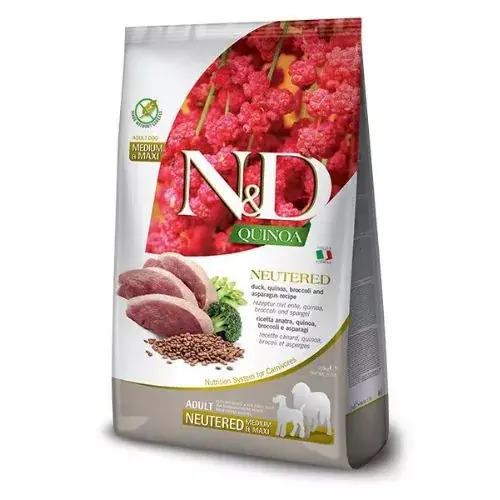 Ofertă specială N&D Quinoa Dog duck, broccoli&asparagus adult neutered medium&maxi 2,5 kg