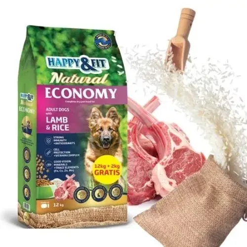 Preferatul clienților Happy&Fit Natural Economy Adult with Lamb and Rice 12 kg+2 kg