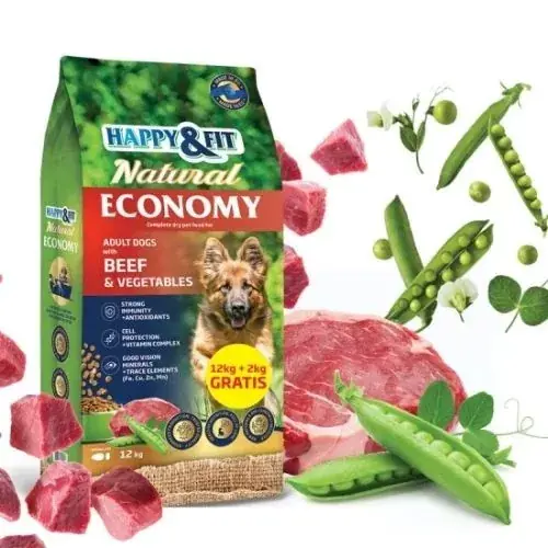 Cumpără online Happy&Fit Natural Economy Adult with Beef and Vegetables 12+2 kg