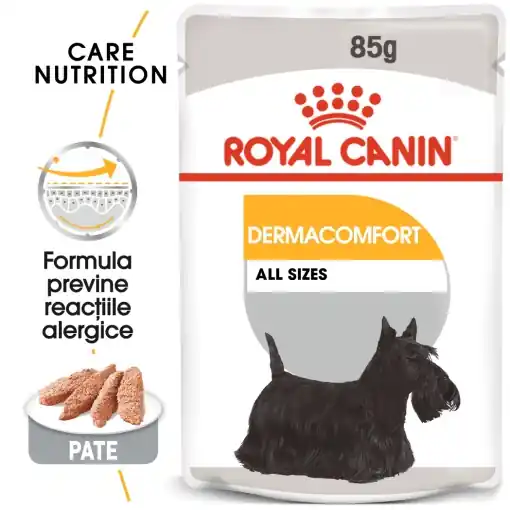 Vezi acum Royal Canin Dermacomfort Adult, hrana umeda caine, prevenirea iritatiilor pielii (pate), 12 x 85G