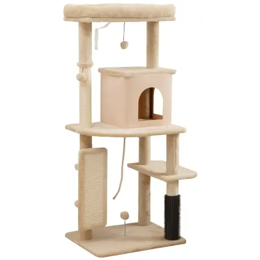 Ansamblu de Joacă pentru Pisici Multilevel Înalt 132 cm cu Căsuță, Culcuș, Stâlpi Zgâriători și Biliță, Bej Plată sigură