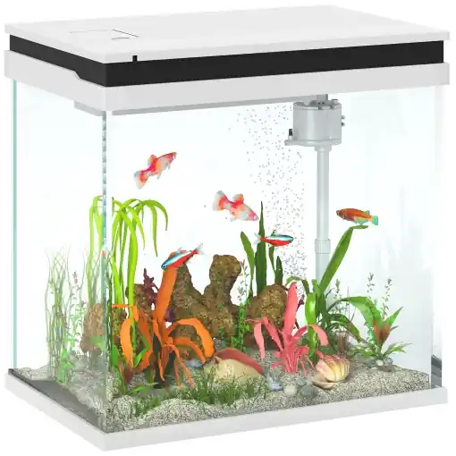 Acvariu de Sticlă pentru Pești cu Iluminare LED, Filtru și Pompă de Apă, 38x26x38 cm, Alb Livrare expres