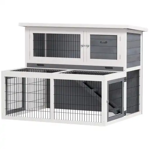 Reducere extra Cușcă pentru Iepuri cu 2 Nivele, Tavă Culisantă, Zonă Deschisă și Acoperiș Rabatabil, 122x95x93,5 cm, Gri