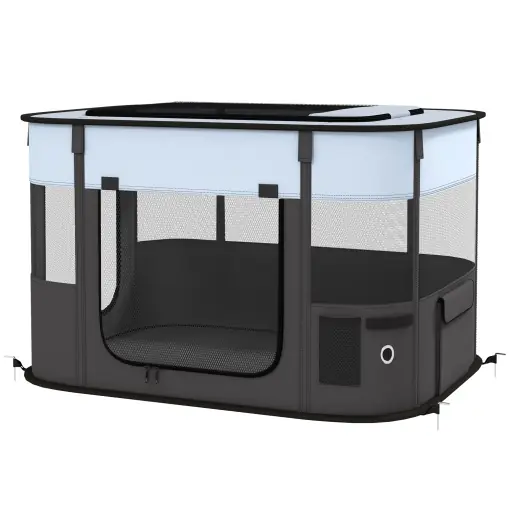Noutate Țarc de Joacă pentru Animale de Companie cu 7 Ferestre, 3 Uși și 2 Pungi de Depozitare, Gard pentru Câini din Țesătură și Oțel Oxford, 84x64x53 cm, Negru
