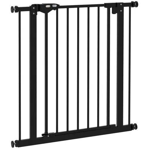 Poartă de Siguranță pentru Câini cu 2 Extensii, Lățime Reglabilă și Închidere Automată, 74x77cm, Negru Ofertă exclusivă