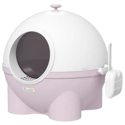 Litieră pentru Pisici cu Capac și Lopățică Inclusă, Capacitate Max 4 kg, 53x51x48 cm, Alb și Roz Reducere de preț