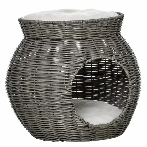 Cos pentru Pisici din rattan PE cu 2 Niveluri cu Perne de Plus Lavabile, Φ50x43.5cm - Gri Inchis Preț mic