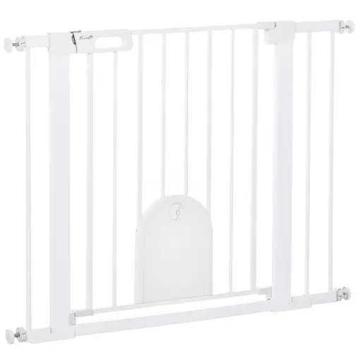 Barieră Reglabilă pentru Câini cu Ușă Mică și Montare prin Presiunei și Închidere Automată, 75-103x76 cm, Alb Plată sigură