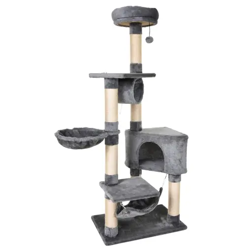 Reducere extra Ansamblu pentru Pisici cu Cusca Hamac Patucuri Suspendate si Stalpi din Franghie Sisal Gri 60x40x154cm