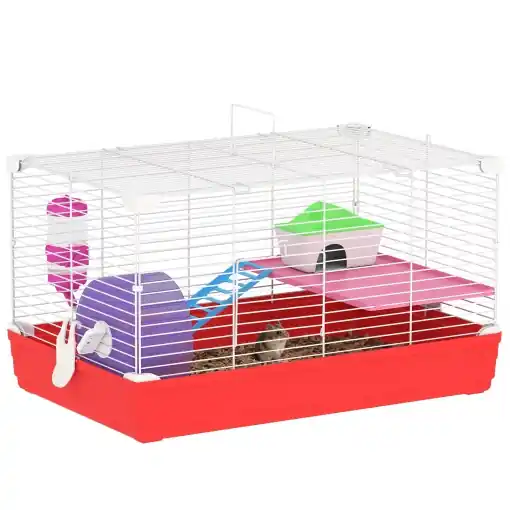 Ofertă limitată Cusca pentru Hamsteri cu 2 Nivele din Metal si PP cu Casuta, Rezervor de apa, Roti si Farfurioare, 47x30x27 cm, Rosu si Alb