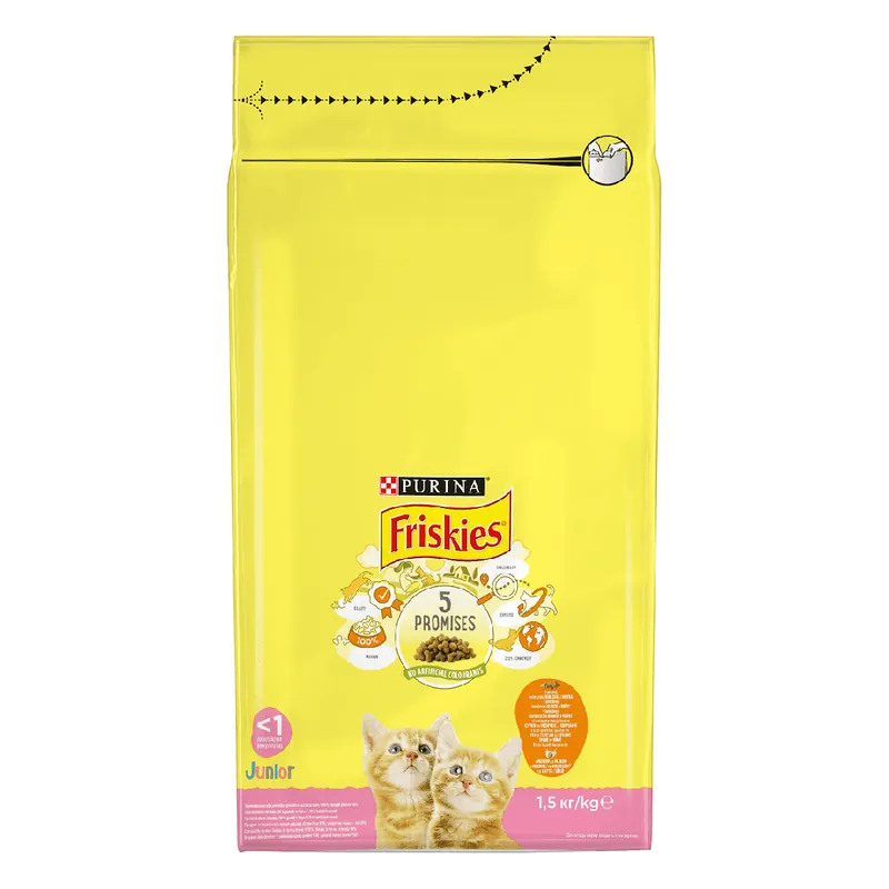 Calitate înaltă Hrana uscata pentru pisici Purina Friskies Junior, Pui, Lapte si Legume, 10kg