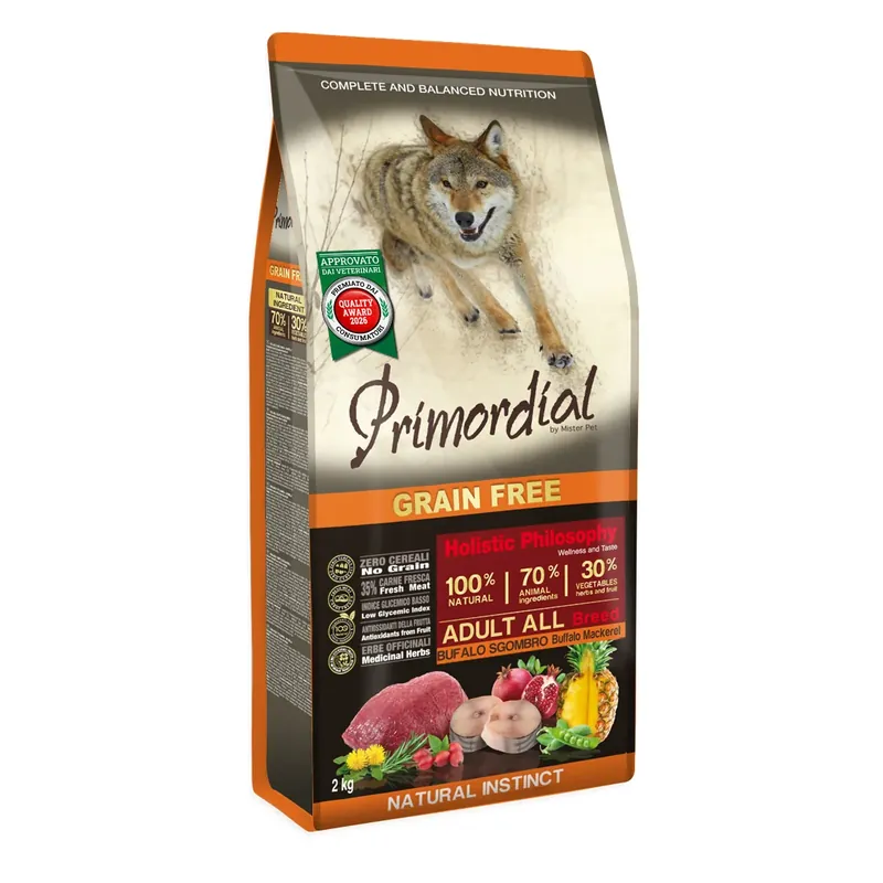 Primordial Holistic Dog Adult, Hrana Uscata pentru Caine, cu Bivol si Macrou, Fara Cereale, 2kg / 12kg Cel mai vândut