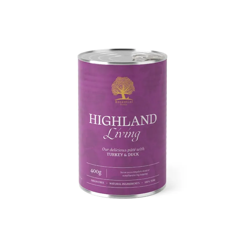 Essential Highland Living Pate, Hrana Umeda pentru Caini, Adult, cu Curcan si Rata, Fara Cereale, 400g Discount