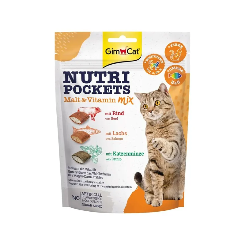 GimCat Nutri Pockets, Mix Recompense pentru Pisici, Pernute Crocante cu Malt si Vitamine, 3 Umpluturi, 150g Ofertă exclusivă