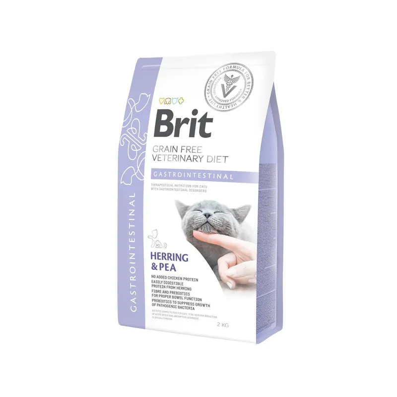 Brit Veterinary Diet Gastrointestinal, Hrana Uscata pentru Pisici, Reducerea Tulburarilor Intestinale, cu Hering si Mazare, 400g / 2kg / 5kg Expediere rapidă