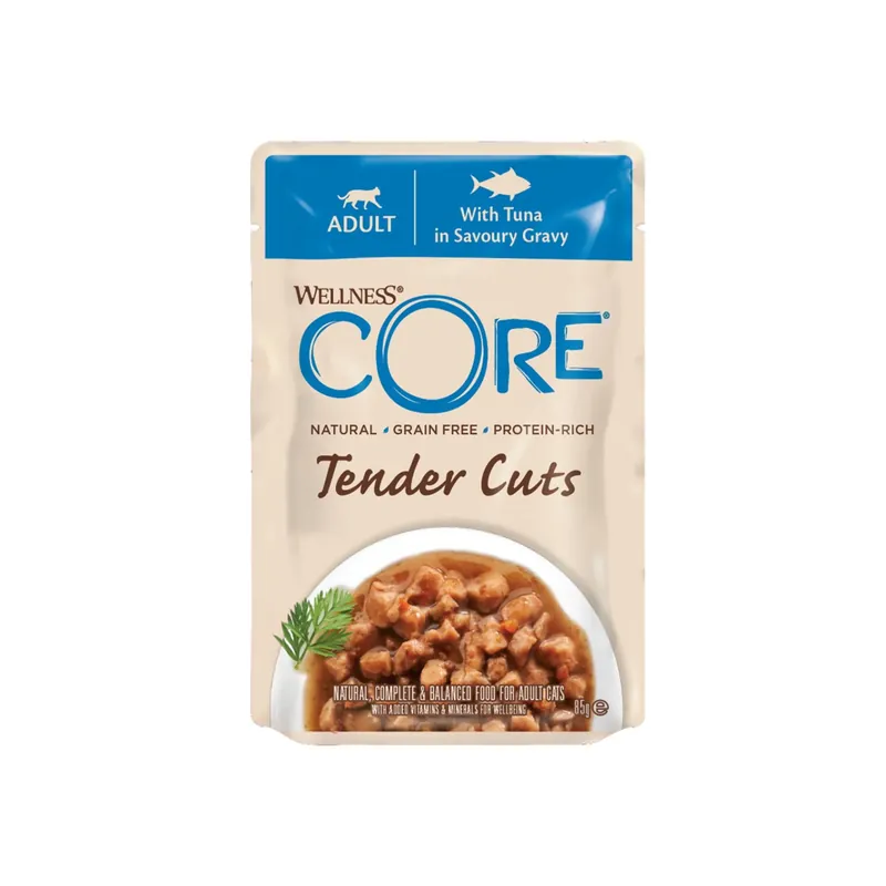 Plată securizată Wellness CORE Tender Cuts, Hrana Umeda pentru Pisici, cu Ton in Sos, Fara Cereale, Plic, 85g