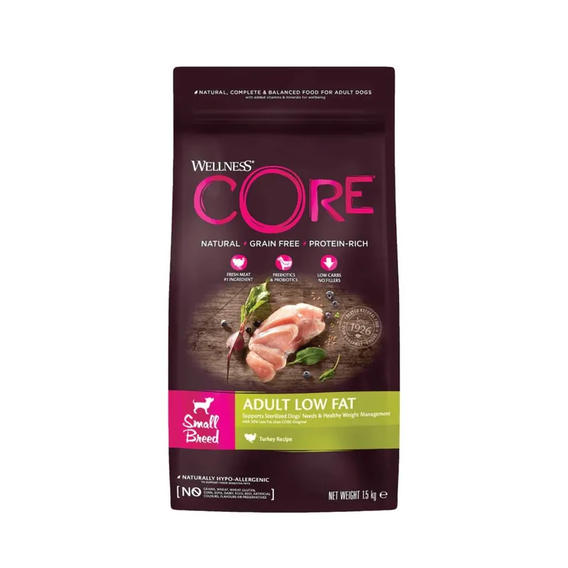 Wellness CORE Small Breed Low Fat, Hrana Uscata pentru Caini Talie Mica, cu Curcan, pentru Slabit si Control Greutate, Continut Scazut de Grasimi, Fara Cereale, 1.5 kg Cel mai bun preț
