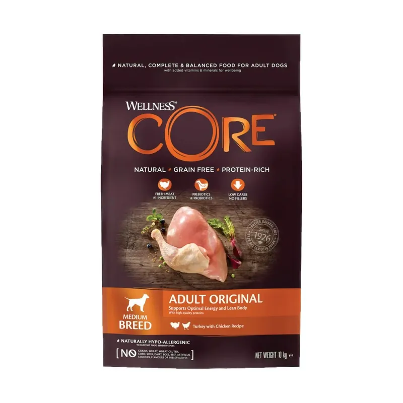 Cumpără online Wellness CORE Adult Origina, Hrana Uscata pentru Caini Talie Medie, cu Curcan si Pui, Fara Cereale, 10 kg