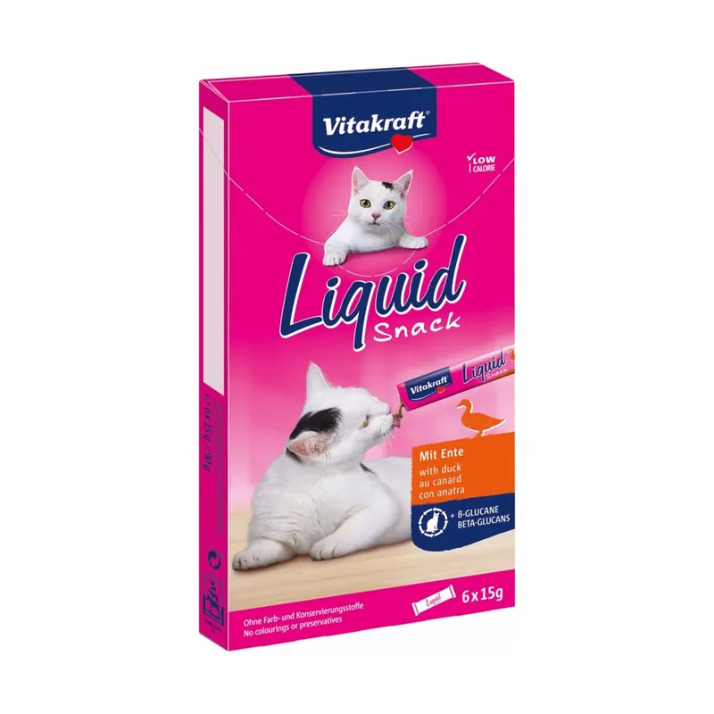 Cumpărături sigure Vitakraft Liquid Snack, Recompensa Lichida Cremoasa pentru Pisici, cu Rata, 6 x 15g, 90g