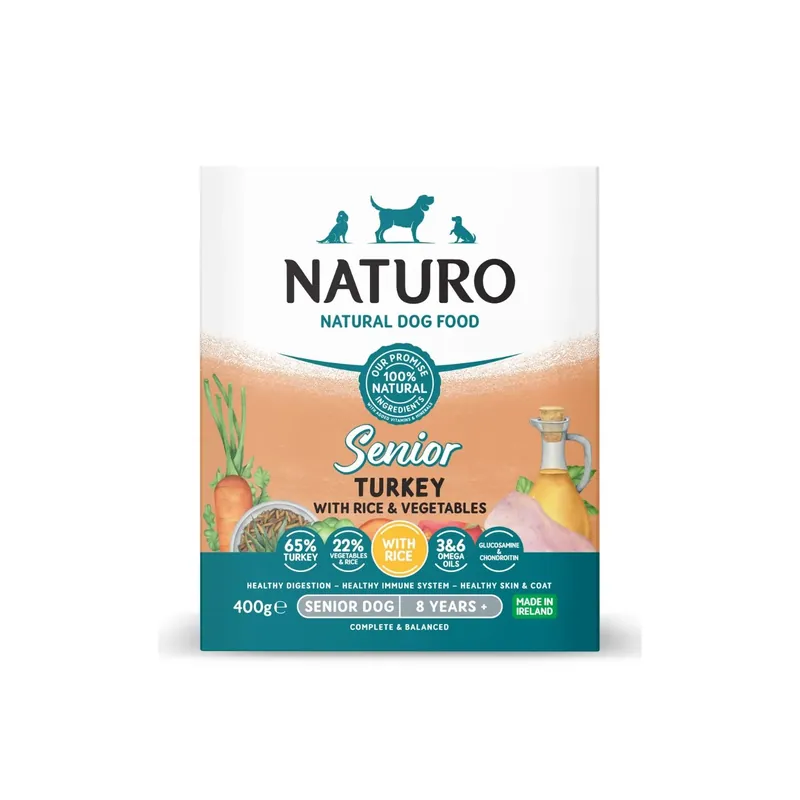 Naturo Caserola, Hrana Umeda pentru Caine Senior, cu Carne de Curcan, Orez si Legume 400g Reducere