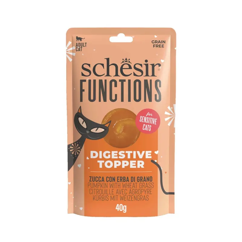 Schesir Function Topper Digestion, Hrana Umeda Complementara pentru Pisici Adult, cu Dovleac si Iarba de Grau, Fara Cereale, 40g Super ofertă