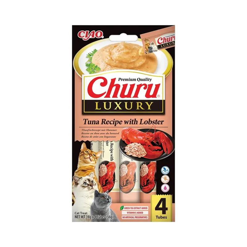 Retur gratuit Churu Luxury, Recompensa Cremoasa pentru Pisic,i cu Ton si Homar, Fara Cereale, 4x14g