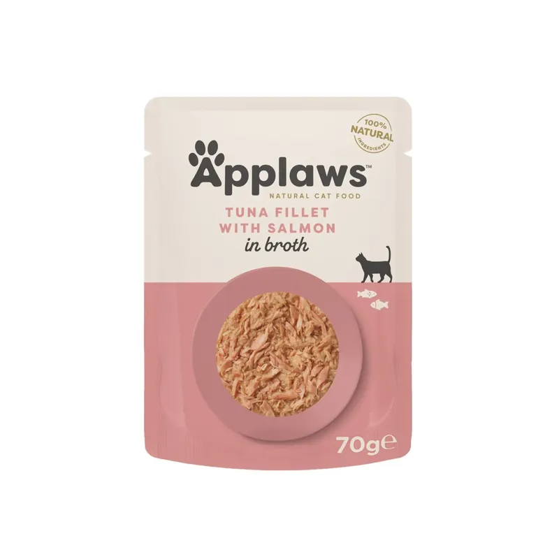 Preferatul clienților APPLAWS Plic, Hrana Umeda Complementara pentru Pisici Adulte, cu File de Ton si Somon in Supa, 100% Natural, 70g