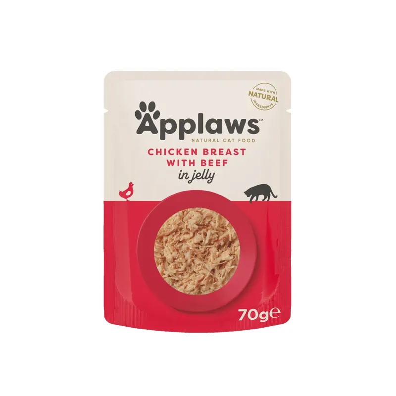 APPLAWS Plic, Hrana Umeda Complementara pentru Pisici Adulte, cu Piept de Pui si Vita in Gelatina, 100% Natural, 70g Calitate înaltă