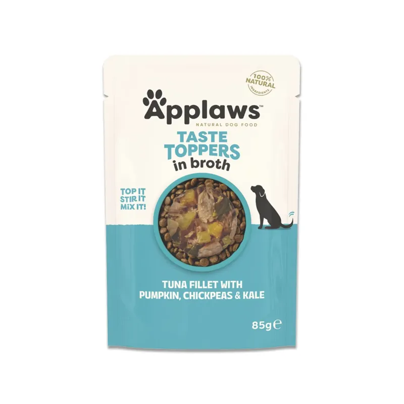 Chilipir APPLAWS Taste Toppers Plic, Hrana Umeda Complementara pentru Caini Adulti, cu File de Ton, Dovleac, Naut si Varza Kale in Supa, Fara Cereale, 100% Natural, 85g