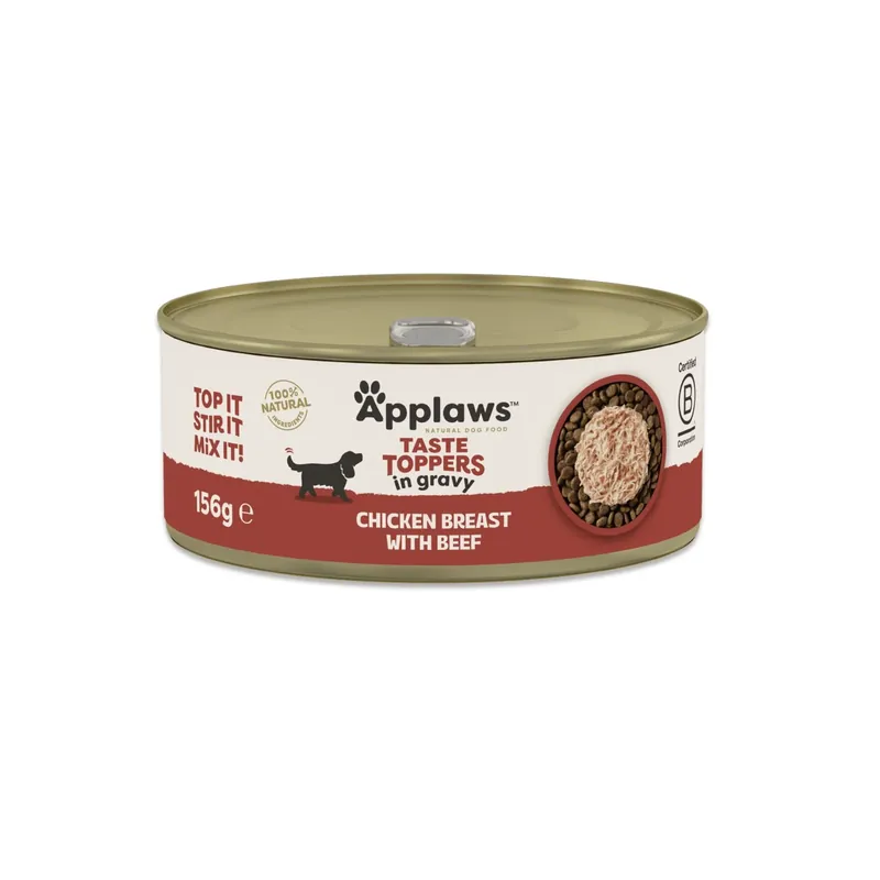 Vezi acum APPLAWS Taste Toppers Conserva, Hrana Umeda Complementara pentru Caini Adulti, cu Piept de Pui si Vita in Sos, Fara Cereale, 100% Natural, 156g