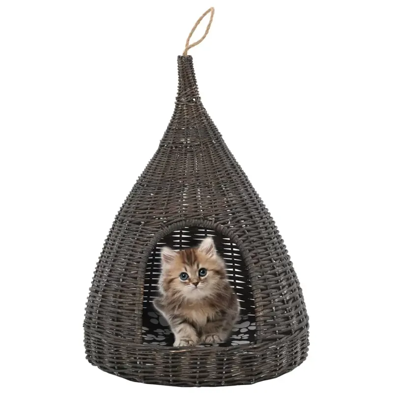 Livrare rapidă Casă de pisici cu pernă, gri, 40x60 cm, salcie naturală, teepee
