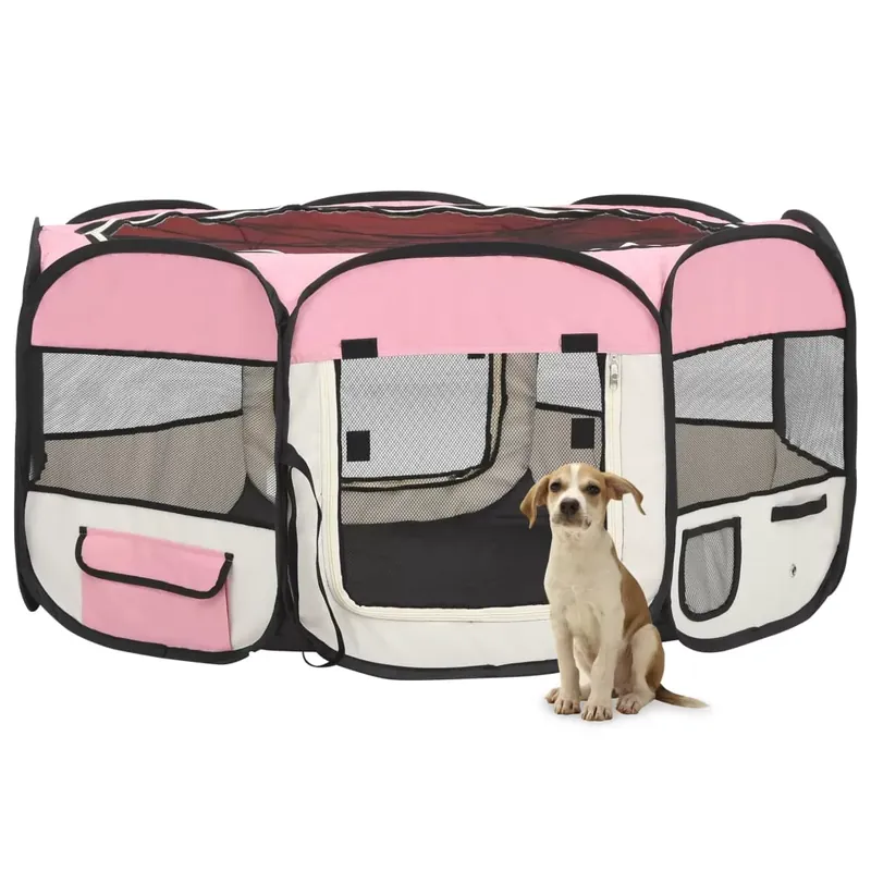 Țarc de câini pliabil cu sac de transport, roz, 145x145x61 cm Popular