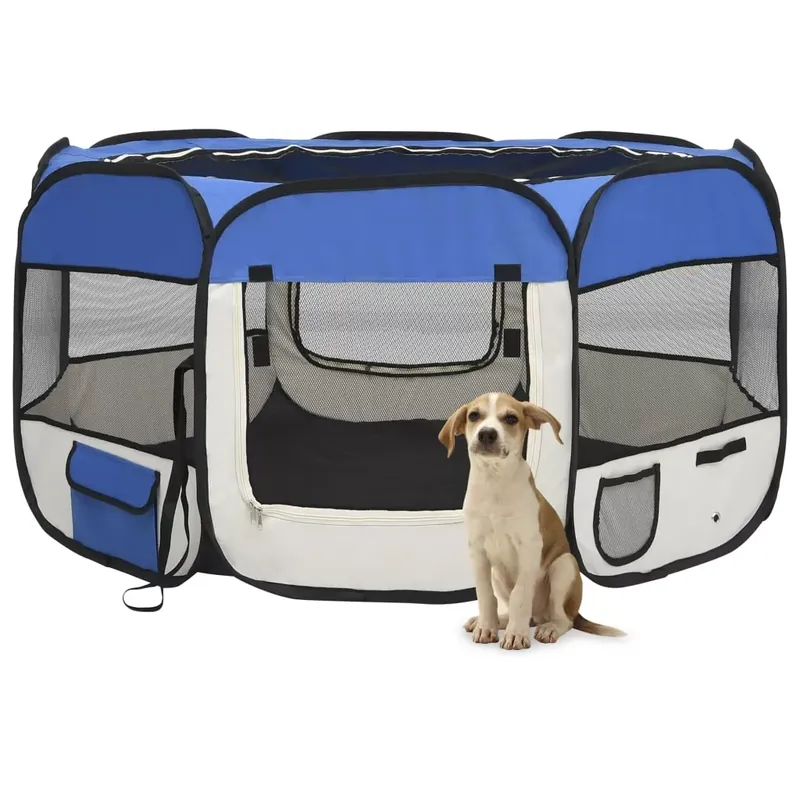 Țarc câini pliabil cu sac de transport, albastru, 125x125x61 cm Popular