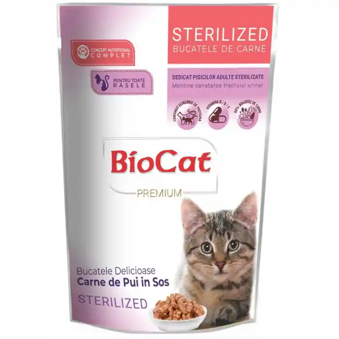 BIOCAT Premium, Hrana umeda pentru pisici Sterilizate, Plic Pui in sos, 85g Cumpără online