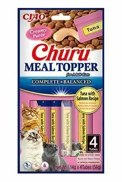 Plată sigură Churu Inaba Ciao, Churu MEAL TOPPER, Recompense cremoase pentru pisici, EU904, cu Ton si Somon, 4x14g