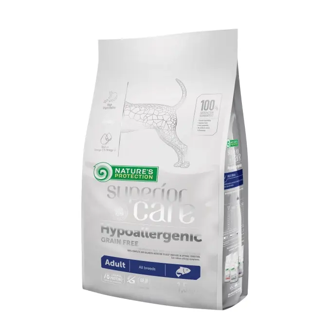 Calitate înaltă Nature‘s Protection, Superior Care, Hypoallergenic, Grain Free, All Breed, Somon, 1.5kg + CADOU