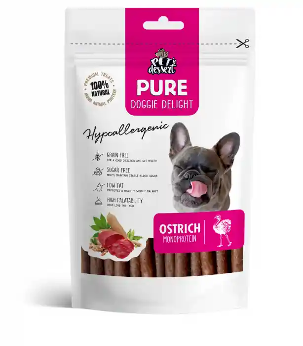 Pet‘s Dessert, Hypoallergenic & Monoproteic, Recompense pentru caini, Strut, 80g Reducere specială