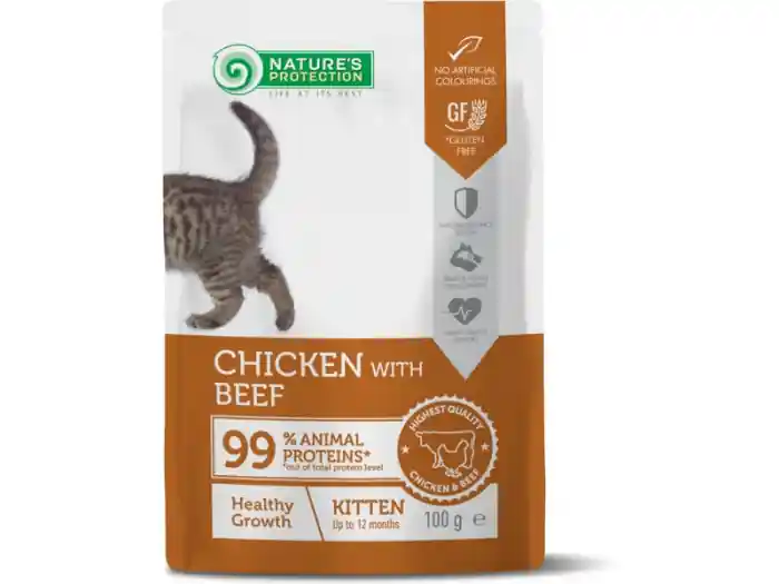Nature‘s Protection, Kitten, Plic Hrana umeda pentru pisici, Pui si Vita in Sos, 100g Nu rata