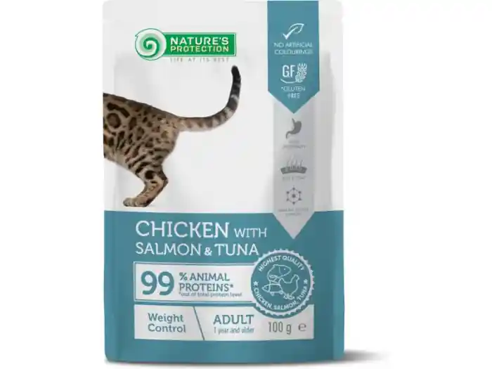 Bestseller Nature‘s Protection, Weight Control, Plic Hrana umeda pentru pisici, Pui, Somon si Ton in Sos, 100g
